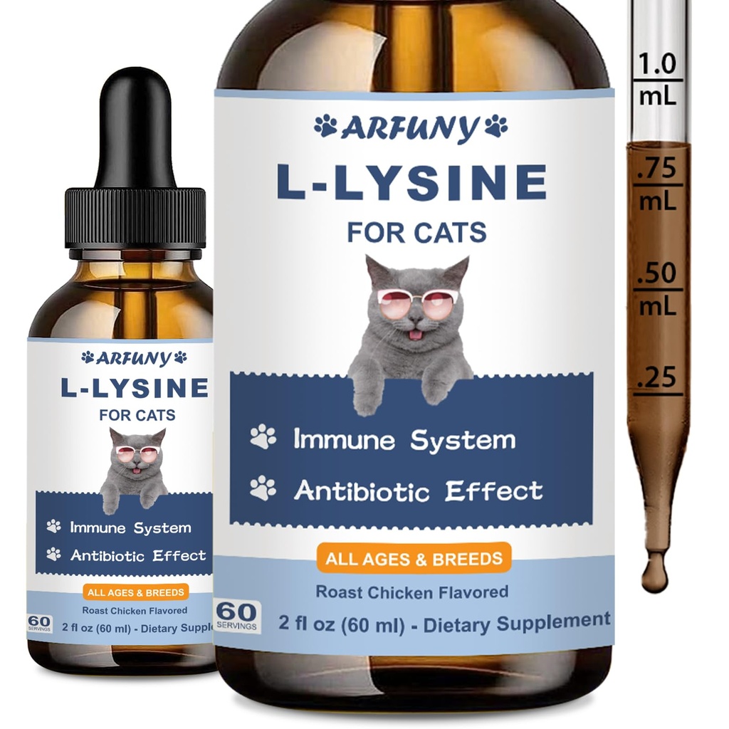 Supplément L-Lysine pour chats - Soutien immunitaire - 60ML Lysine pour féline respiratoire, éternuement, nez runny, fonction des yeux - gouttes naturelles d'antibiotiques de chat - Arôme de poulet rôti