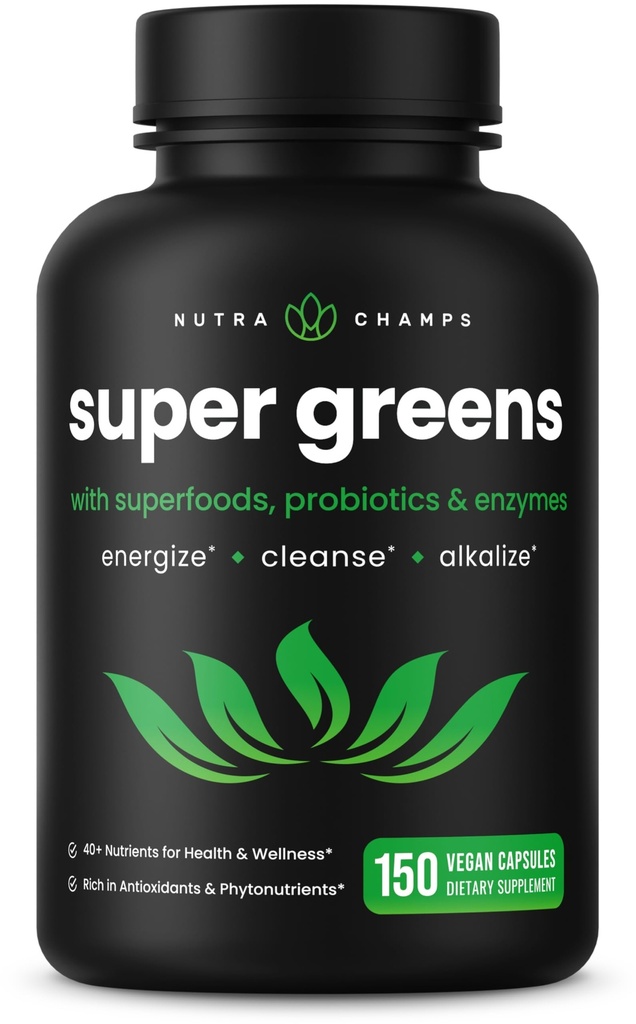 NutraChamps Organic Super Greens Capsules - Alfalfa, Spirulina, Chlorella &amp; More - Antioxidant, Digestief Enzyme & Probiotic Blends - 150 Green Superfood Capsules