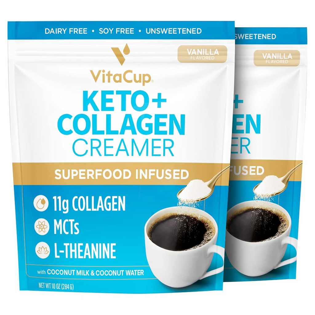 VitaCup Keto + Collageen Coffee Creamer Vanille Smaak w/MCT, Collageen Proteïne, Kokoswater, L-Theanine voor Keto Dieet, Koffie, Smoothies, & Shakes, Dairy-Free, Gluten-Free, Soy-Free, 2 zakken,10oz elk