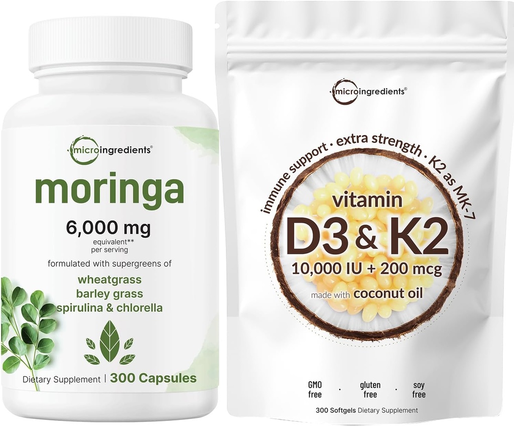 Micro Ingrediënten Vitamine D3 10.000iu + K2 200mcg Kokosolie Softgels & Moringa Oleifera 6.000mg Equivalent 300 Capsules Bundle 2 Pack 