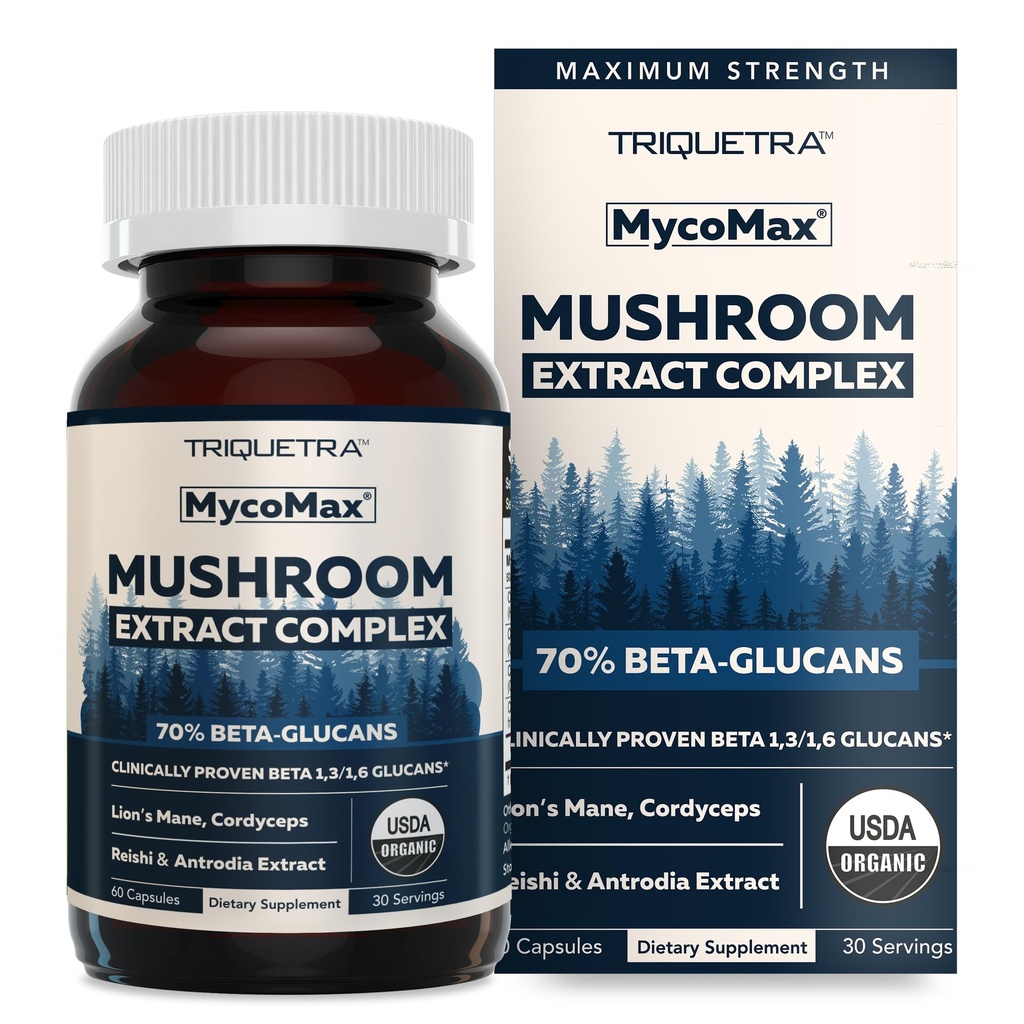 MycoMax Mushroom Complex - 70% Beta Gluconen, Max Potency Mushroom Supplement, US Grown + Ultrasonic Extraction - Lions Mane, Cordyceps, Reishi & More - Cognition, Immunity, Energy - 60 capsules