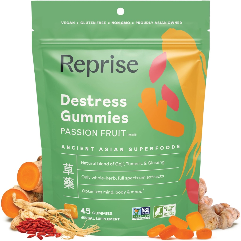 De-Stress Gummies met Amerikaanse Ginseng, Turmeric, en Goji - Assist with Stress Relief & Mood Boost, All-Natural Relaxation, Low-Sugar, 45 Vegan Gummies, Passion Fruit (45 Gummies (Pack of 1))