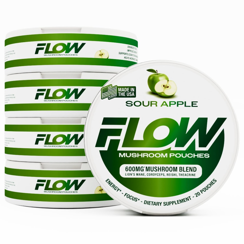 Flow Pouches Mushroom Nootropic Pouches, 600mg Lion's Mane Reishi Cordyceps Energy Pouches for Focus and Clean Energy, Caffeine Free Sugar Free Nicotine Free, Now Made in USA (5 Cans, Sour Apple)