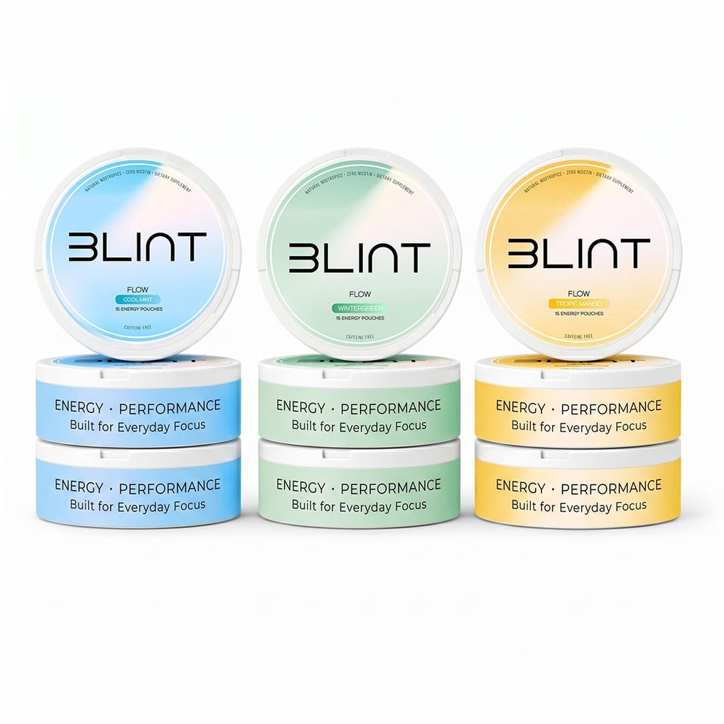 BLINT Flow Caffeine Free Nootropic Pouches | Brain Supplements for Memory and Focus | Alpha GPC, L-Theanine, L-Tyrosine | Nicotine Free, Sugar Free | Variety Pack (9 Cans)