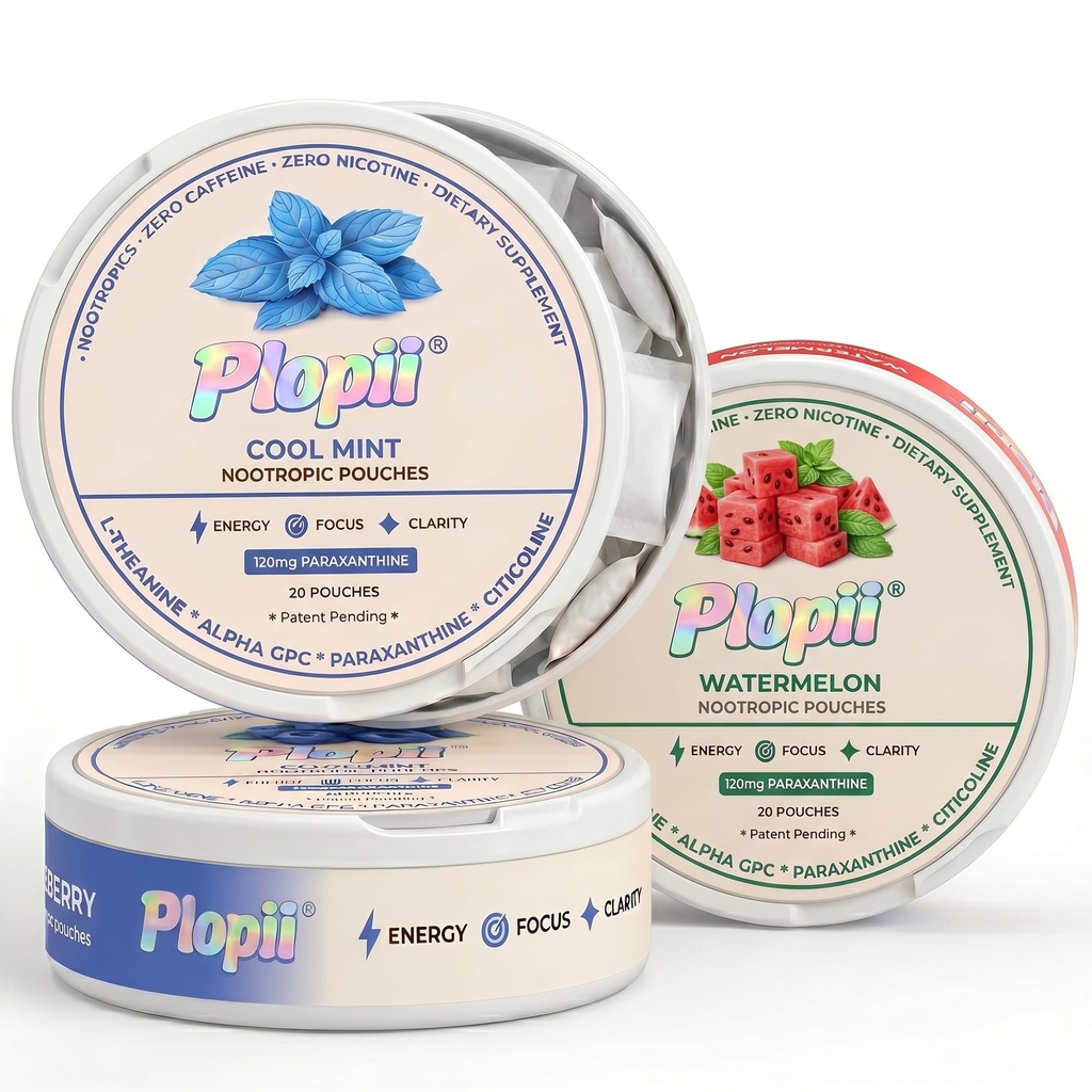 Plopii Focus Nootropic Pouches, 120mg Paraxanthine, Nicotine-Free, Caffeine-Free | Alpha GPC, Citicoline, L-Theanine, Ginseng | Vitamin B6 + B12 | Productivity Pouches | Brain Vitamins
