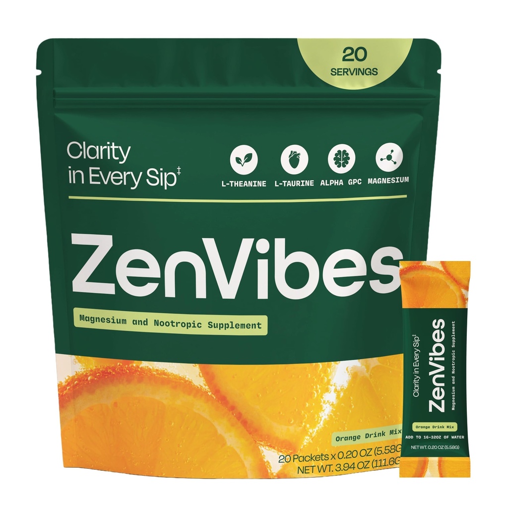 ZenVibes Calm & Cortisol Support Supplement – Magnesium, L-Theanine, Alpha GPC, L-Taurine & Vitamin D3 – Nootropic Drink Mix for Stress, Focus & Relaxation – Sugar-Free, Non-GMO Stick (Orange)