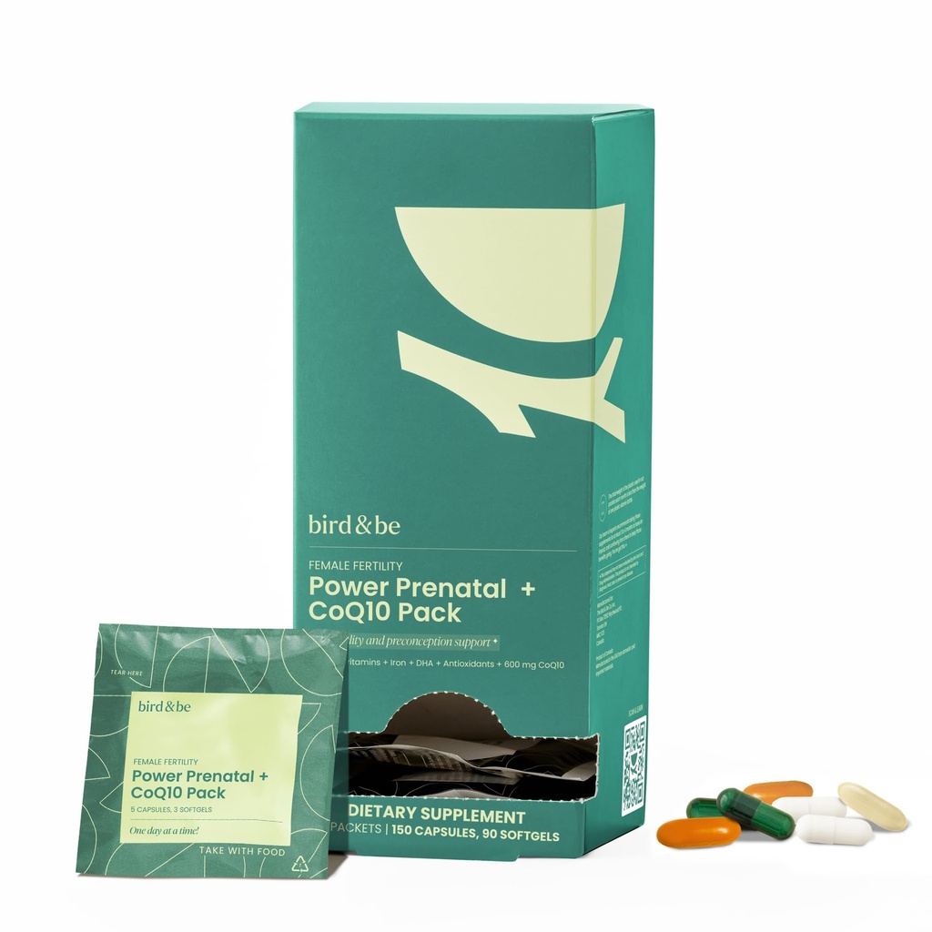 bird&be Female Fertility Power Prenatal + CoQ10 Pack - with Algae Oil DHA (Omega-3), CoQ10 and N-Acetyl Cysteine - 30-Day Supply