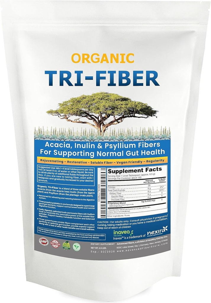 Tri-Fiber Oplosbare vezel poeder, Unflavored High Fiber 3-in-1 Oplosbare vezel supplement voor spijsverteringsondersteuning. Dieetvezel 1 lbs (16oz)