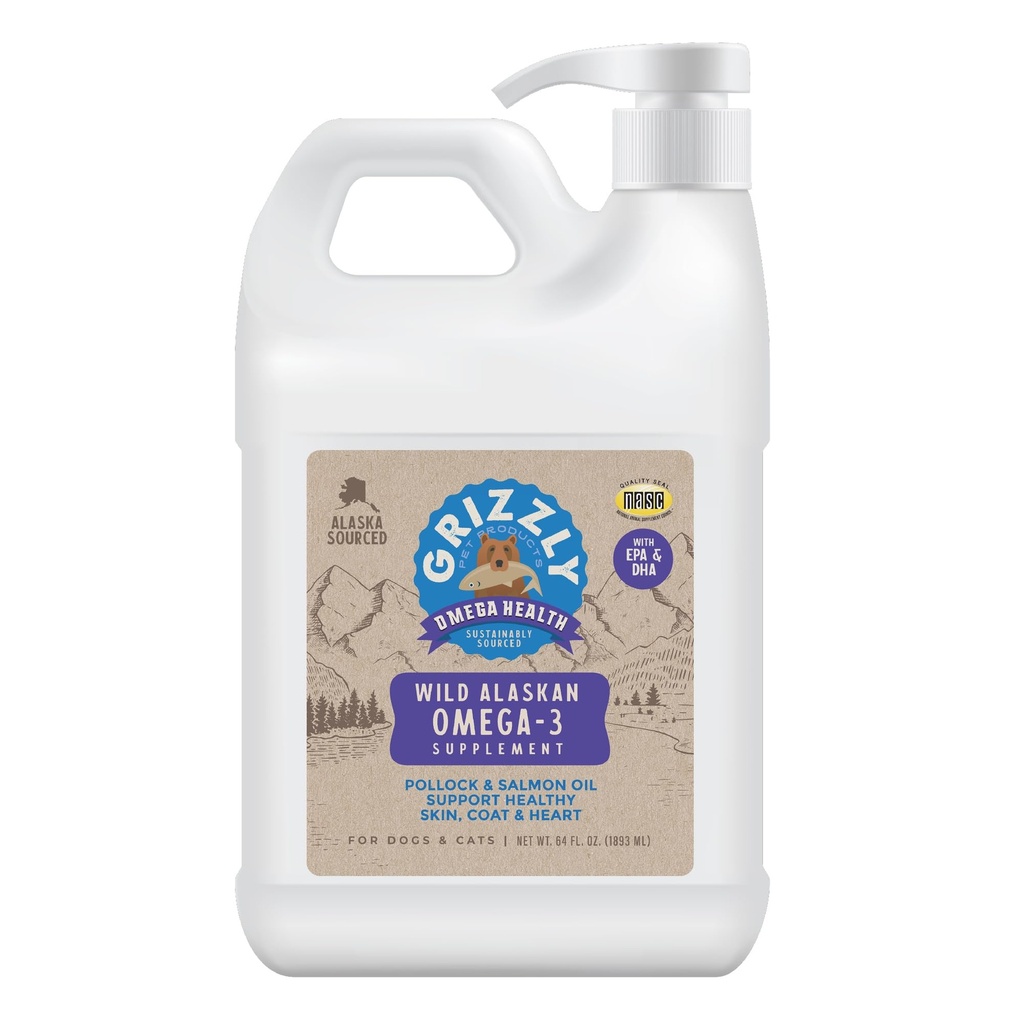 Grizzly Pet Products Omega Health Liquid Omega-3 Supplement voor honden en katten, 64 Ounce Jug