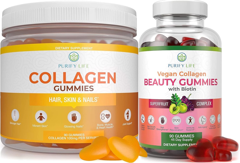 Zuiveren Leven Marine Collageen & Vegan Collageen Bundle, Gummies Vitaminen voor de Haarhuid en Nagels Gezondheid (90 Kauwen), Pore Reducer & Elasticiteit, Vervang Capsules, Pillen