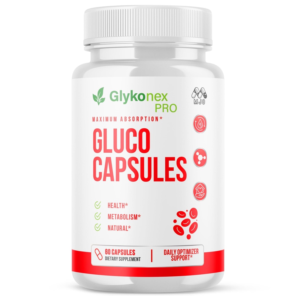 Gluco Capsules, Official Glykonex Pro Gluco Pills with All Natural Ingredients, Maximum Strength Glykonix Supplement Premium Vitamins Supporting Optimal Wellness and Health Naturally (60 Capsules)