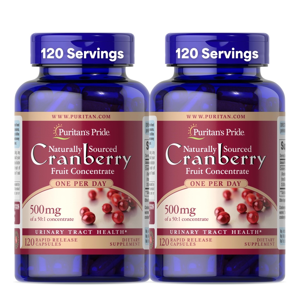 Puritan's Pride natuurlijk Bronzen Cranberry One per Day Fruit Concentraat 500mg, 50:1 Dieetsupplement voor Urinaire Tract Ondersteuning, 4 maanden Supply, 120 Rapid Release Capsules, 2 Pack