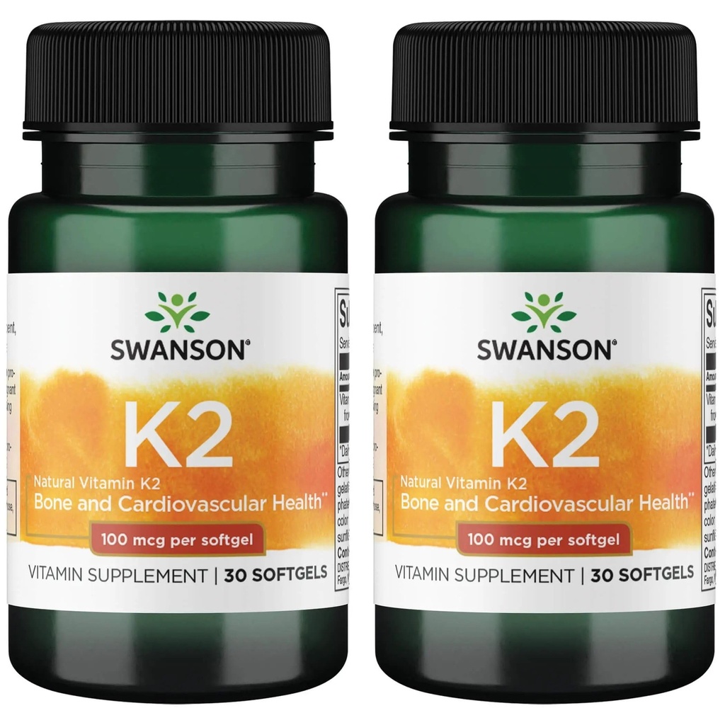 Swanson Vitamin K2 (Menaquinone-7) - Vitamin Supplement Supporting Cardiovascular and Bone Health - Made from Japanese Natto to Help Regulate Calcium - (30 Softgels, 100mcg Each) (2 Pack)