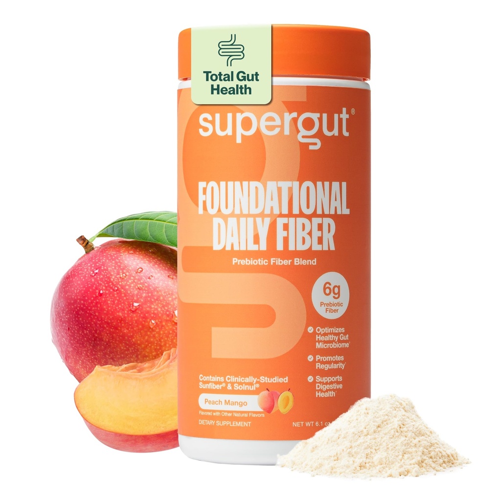 Supergut Foundational Daily Fiber Powder, Sugar Free & Vegan Prebiotic Fiber Blend for Gut Health & Digestive Support, Supplement for Men & Women with Solnul & Sunfiber, Peach Mango, 18 Servings