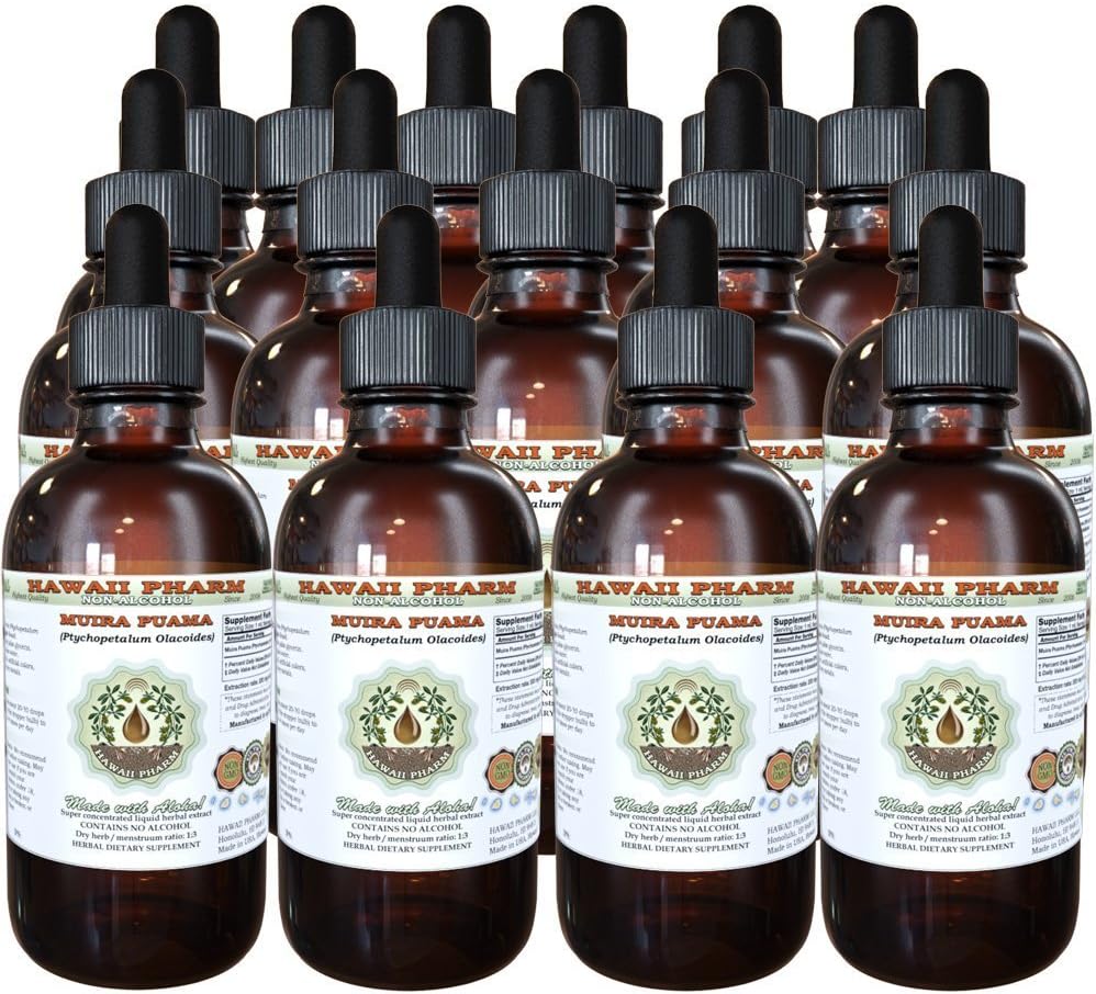 Muira Puama Alcoholvrij Liquid Extract, Biologische Muira Puama (Ptychopetalum Olacoides) Glycerite Natural Herbal Supplement, Hawaii Pharm, USA 15x4 oz