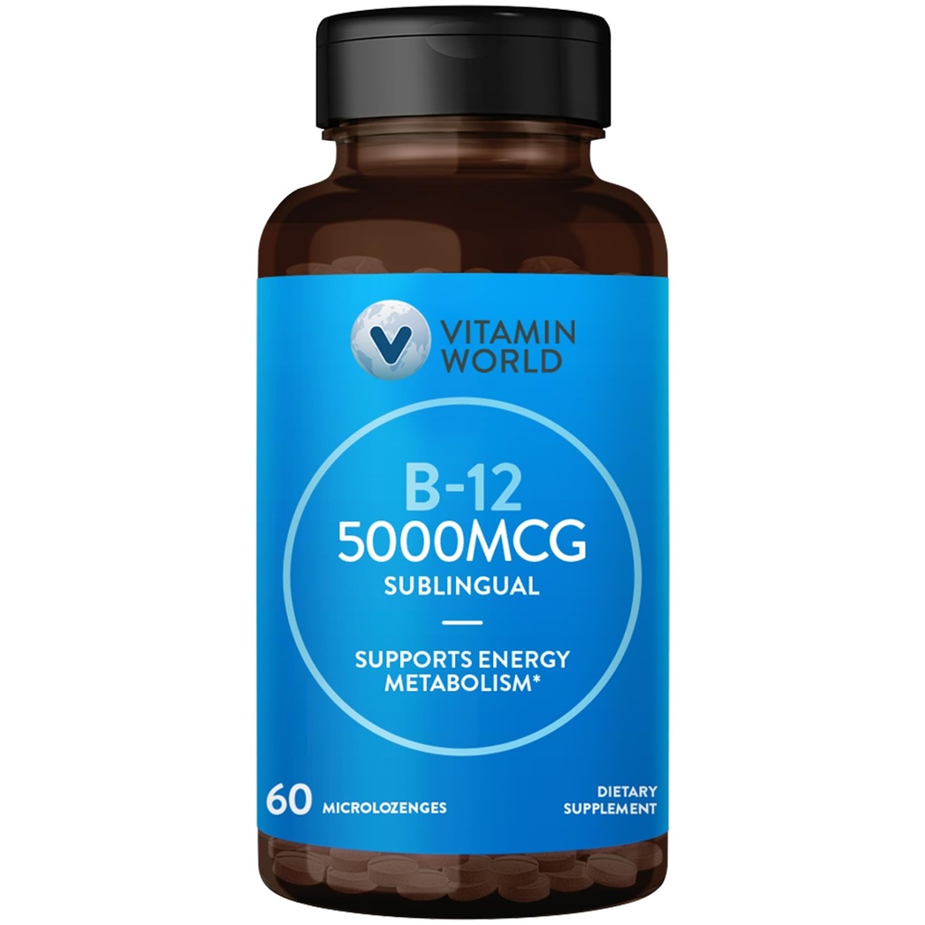 Vitamin World Vitamin B-12 5000 mcg. Sublingual 60 Microlozenges, Supports Energy Metabolism, Supports Heart Health