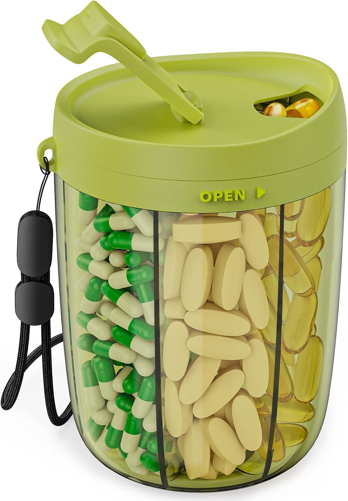 PULIV grote pil fles Organisator, Supplement Organizer voor het vasthouden van 6 verschillende vitamines, pil doos met anti-mengen en brede opening ontwerp, gemakkelijk op te halen Meds en 20 stuks Stick-on etiketten, Groen