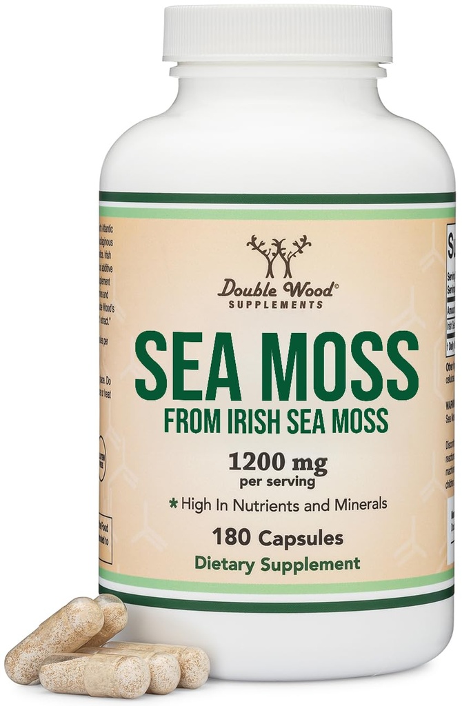 Irish Sea Moss Capsules, More Potent Than Sea Moss Gel Extract (180 Count, 1200mg per Serving) (van Wildcrafted en Raw Chondrus Crispus) Nutrient Rich Superfood High in Minerals by Double Wood