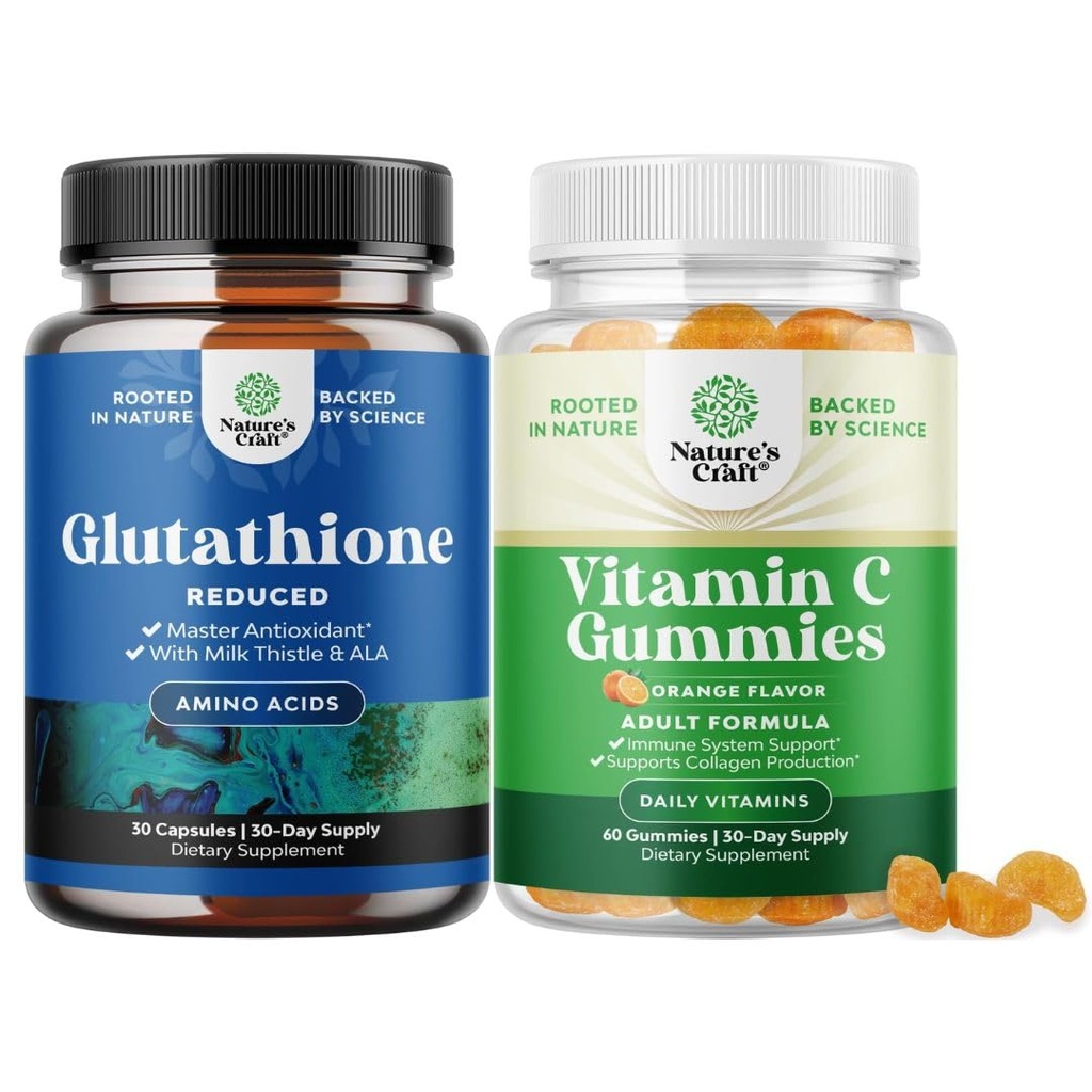 Bundel van verminderde Glutathion Supplement met melkdistel - 500 mg per portie Pure L Glutathion en Kauwbare Vitamine C Gummies voor volwassenen - Ascorbinezuur Natural Gummy Immune Booster & Cold Remedy