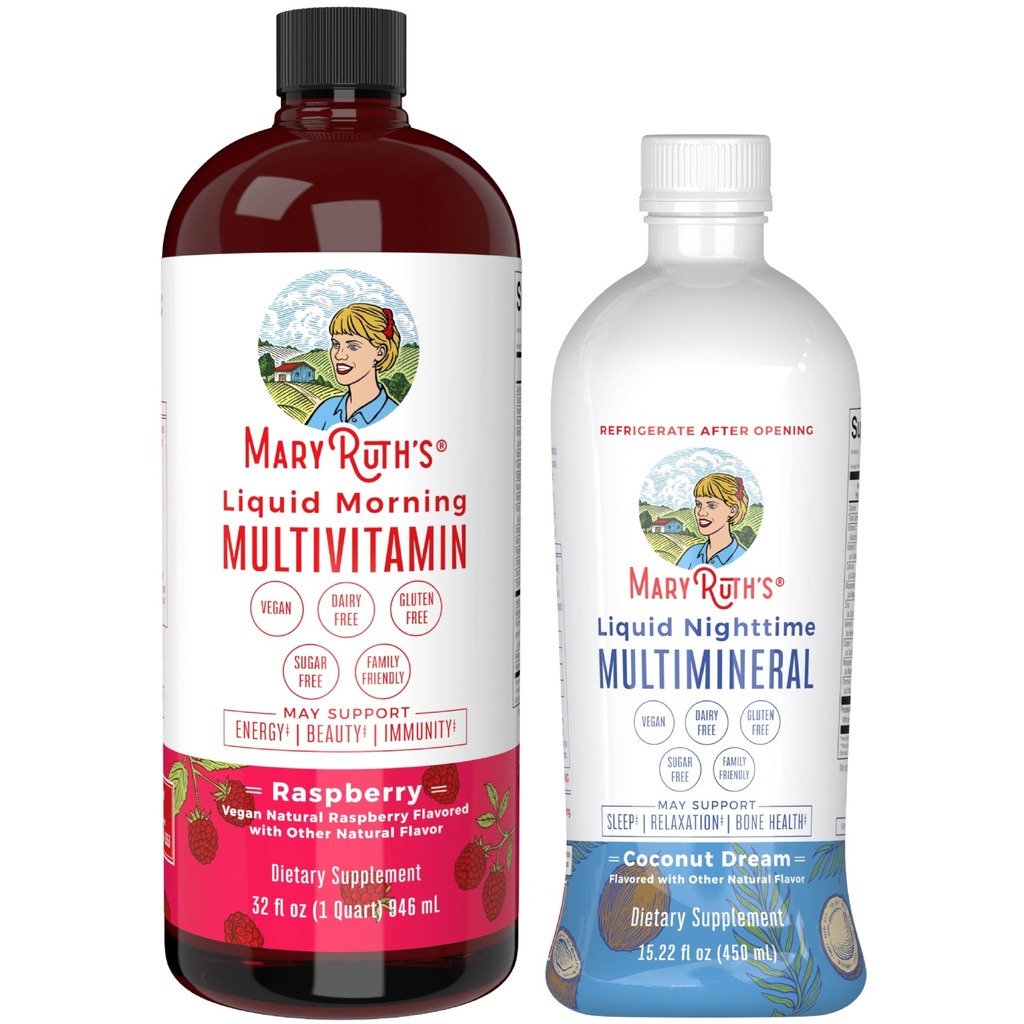 MaryRuth's Liquid Morning Multivitamine Raspberry (32oz) & Liquid Nighttime Multimineral Coconut (15.22oz) 