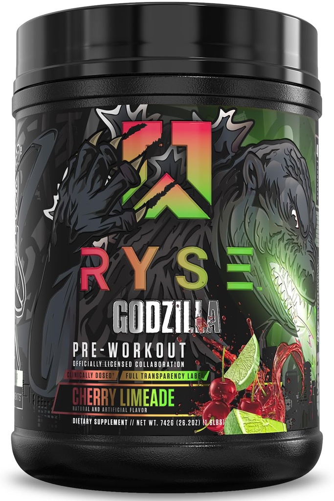 RYSE Godzilla X Noel Deyzel Pre Workout Powder - Cherry Limeade - 400mg Caffeine, High Stim Pre-Workout for Men & Women with Citrulline & Beta Alanine - Energy, Pump & Focus - 20/40 Servings