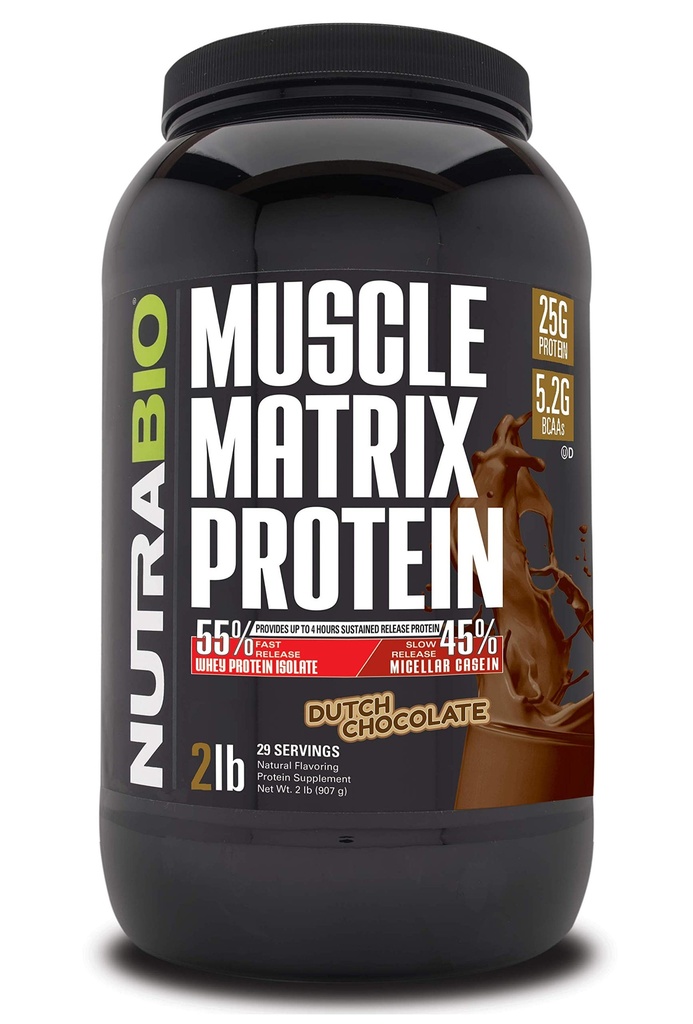NutraBio Muscle Matrix Protéines en poudre - 25g de protéines par scoop - Whey Isolate et Micellar Casein Combo pour libération rapide et lente - Chocolat hollandais - 2 livres, 28 portions