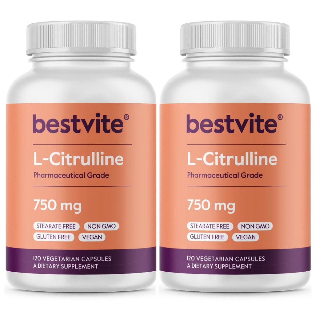 BESTVITE L-Citrulline 750 mg per capsule (240 Vegetarische capsules) (120 x 2) - Geen stearates - Geen Silica - Geen fillers - Niet GGO - Glutenvrij - Veganistisch