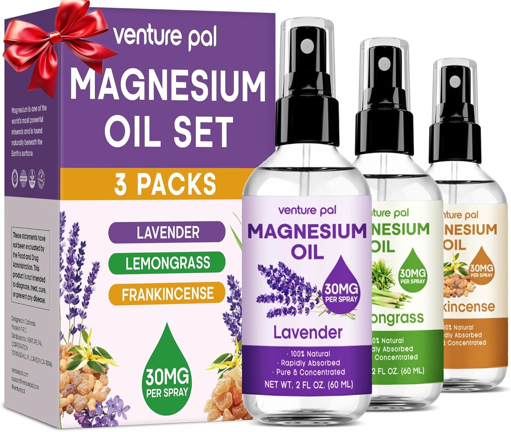 Venture Pal 3-Pack Ensemble de spray d'huile de magnésium topique pour pieds – Cadeau idéal pour la détente, un meilleur sommeil, un soulagement musculaire pour les jambes et les articulations, cheveux et peau sains. Absorption rapide, non grasse