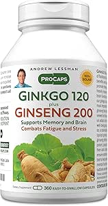 ANDREW LESSMAN Ginkgo 120 Plus Ginseng 200mg - 360 Capsules - Mélange d'extrait normalisé pour soutenir le cerveau, la mémoire et la fonction cognitive. Adaptogène, combat le stress et la fatigue. Aucun additif