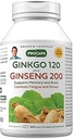 ANDREW LESSMAN Ginkgo 120 Plus Ginseng 200mg - 360 Capsules - Mélange d'extrait normalisé pour soutenir le cerveau, la mémoire et la fonction cognitive. Adaptogène, combat le stress et la fatigue. Aucun additif