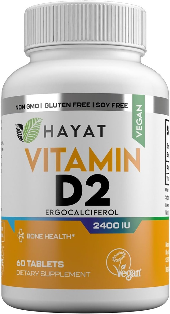 HAYAT Vitaminen Vegan Vitamin D2 2400 IE (60 MCG), Dieetsupplement voor bot, tanden, spier- en immuungezondheidsondersteuning, 2 maanden levering, Alle natuurlijke, gecertificeerde Halal, 60 tabletten, Made in The USA