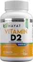 HAYAT Vitaminen Vegan Vitamin D2 2400 IE (60 MCG), Dieetsupplement voor bot, tanden, spier- en immuungezondheidsondersteuning, 2 maanden levering, Alle natuurlijke, gecertificeerde Halal, 60 tabletten, Made in The USA