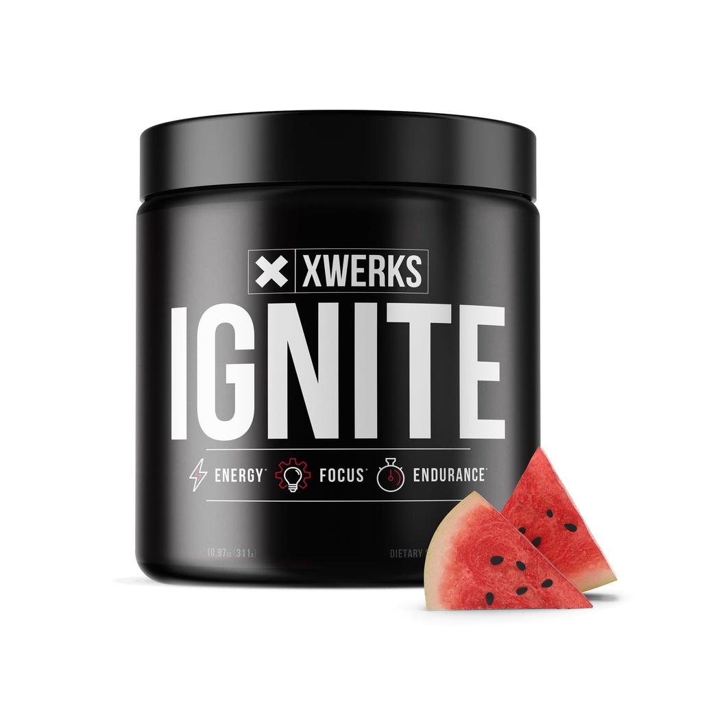 Xwerks Ignite Watermeloen Pre Workout Powder, Natural Keto Pre Workout voor vrouwen en mannen met explosieve energie, Glutenvrije Blend voor endurance en uithoudingsvermogen, 150mg Cafeïne, 30 porties