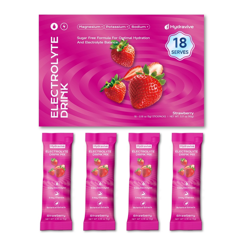 Hydration Electrolyte Powder 18 Packs – Sugar Free Liquid Daily IV Drink Mix | 1,000mg Total of 5 Electrolytes, 5 Vitamins | Ashwagandha, L-Theanine | Non-GMO (18, Strawberry)