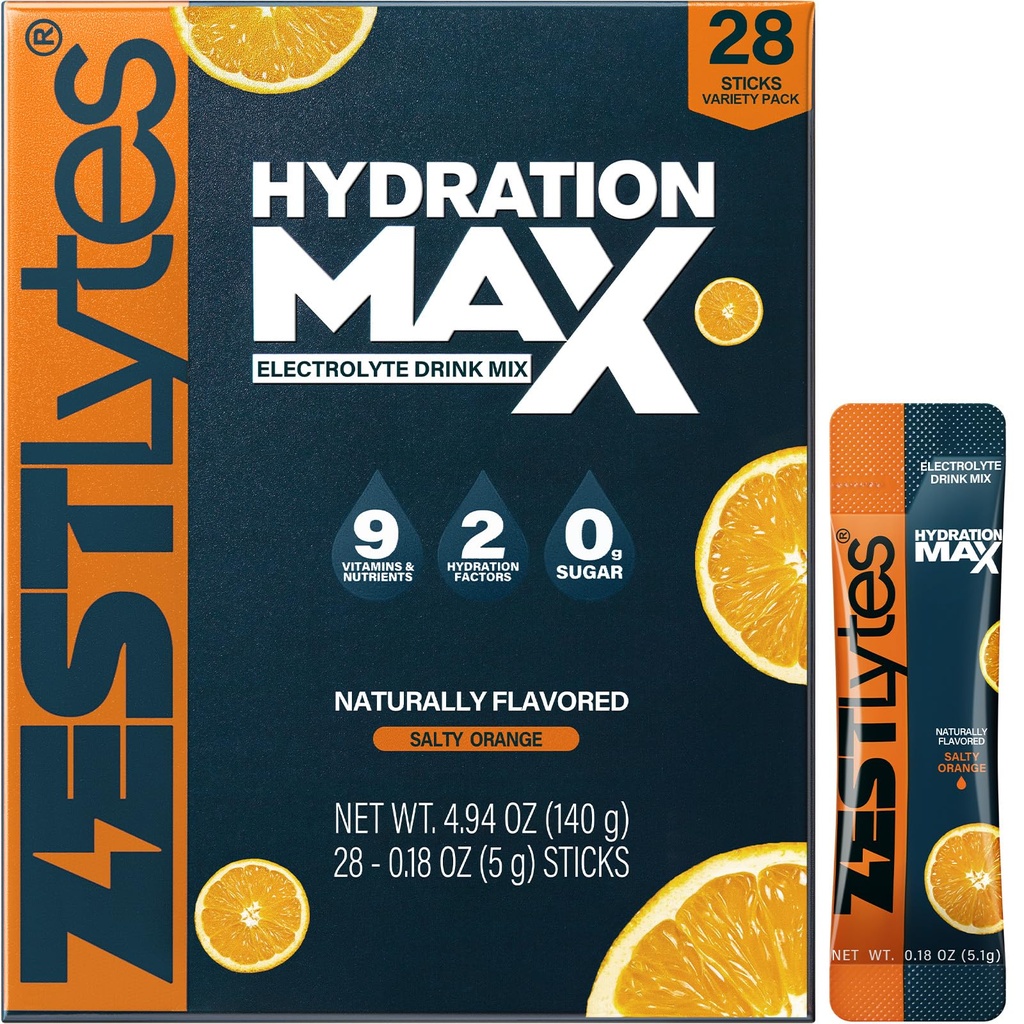 28 Sticks Salty Orange Sugar Free Electrolyte Hydration Packets, High Sodium Low Calorie Electrolyte Powder Drink Mix, Liquid Daily IV Flavor, 2 Hydration Factors