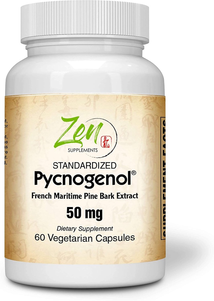 Zen Supplementen Pycnogenol 50mg - Gestandaardiseerd Frans Maritime Pine Bark Extract voor antioxidant en ontsteking ondersteuning - Non-GMO, Gluten en soja vrije 60-Vegcaps