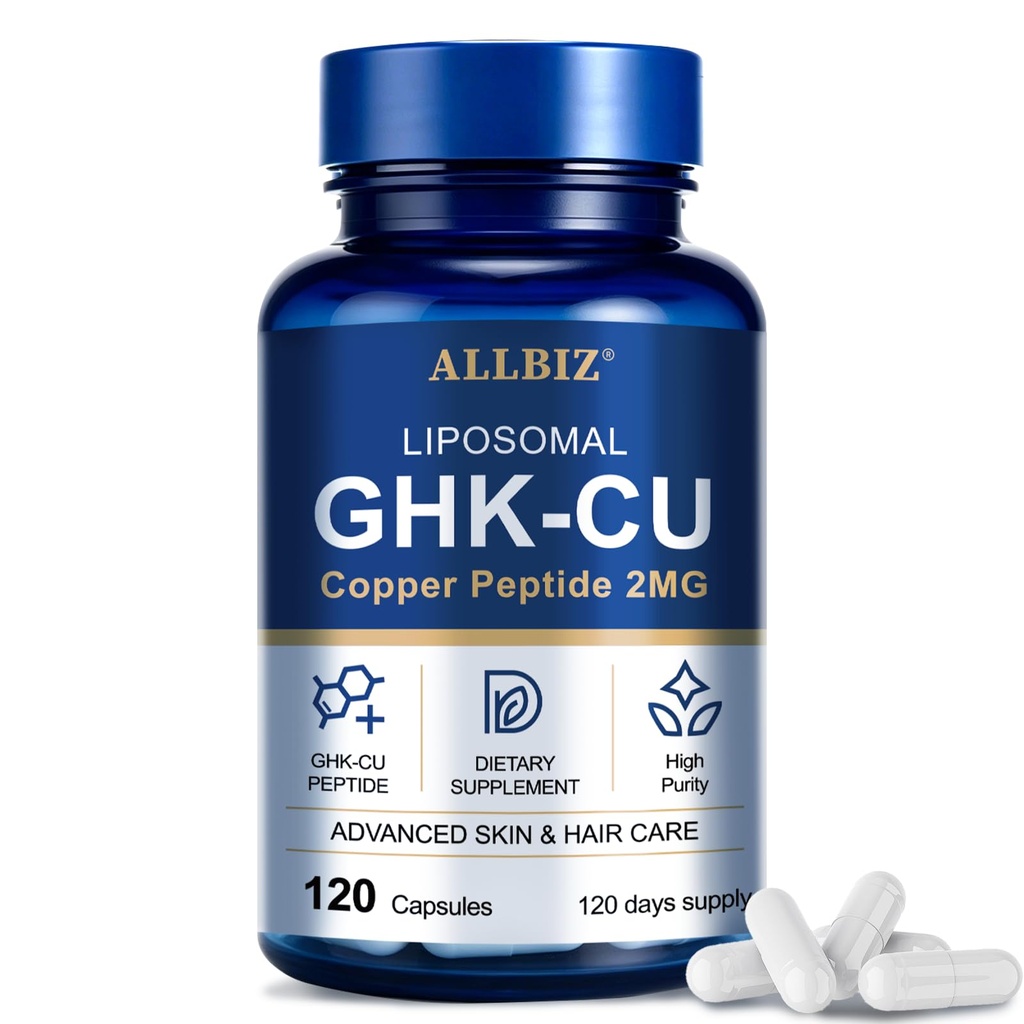 ALLBIZ Liposomal GHK-Cu Copper Peptide, 314mcg Copper Peptides for Skin Structure, Hair Texture & Scalp Health | Supports Natural Collagen Synthesis | 20X Absorption | Vegan, Non-GMO | 120 Capsules