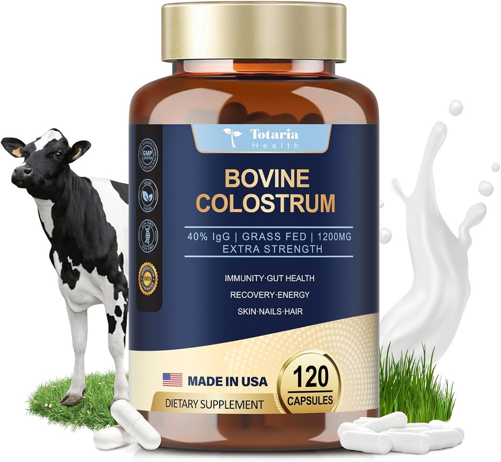 Totaria Bovine Colostrum Supplement Capsules for Gut Health, Hair Growth, Beauty and Immune Support - USA Farm Grass Fed - No Fillers, GMP Certified Calostro Bovino para Adultos Organico, 60 Servers