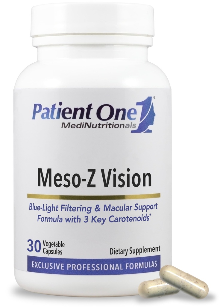 Patient One Meso-Z Vision: Supplément pour soutenir la santé des yeux et le filtrage de la lumière bleue avec Lutéine, Zeaxanthin et Meso-Zeaxanthin.