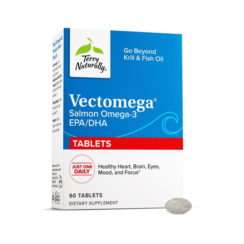 Terry Naturally Vectoga - Supplement met EPA & DHA - Omega-3 Tablets for Brain & Heart Health Support - Voedingssupplement met essentiële vetzuren & Peptiden - 60 tabletten