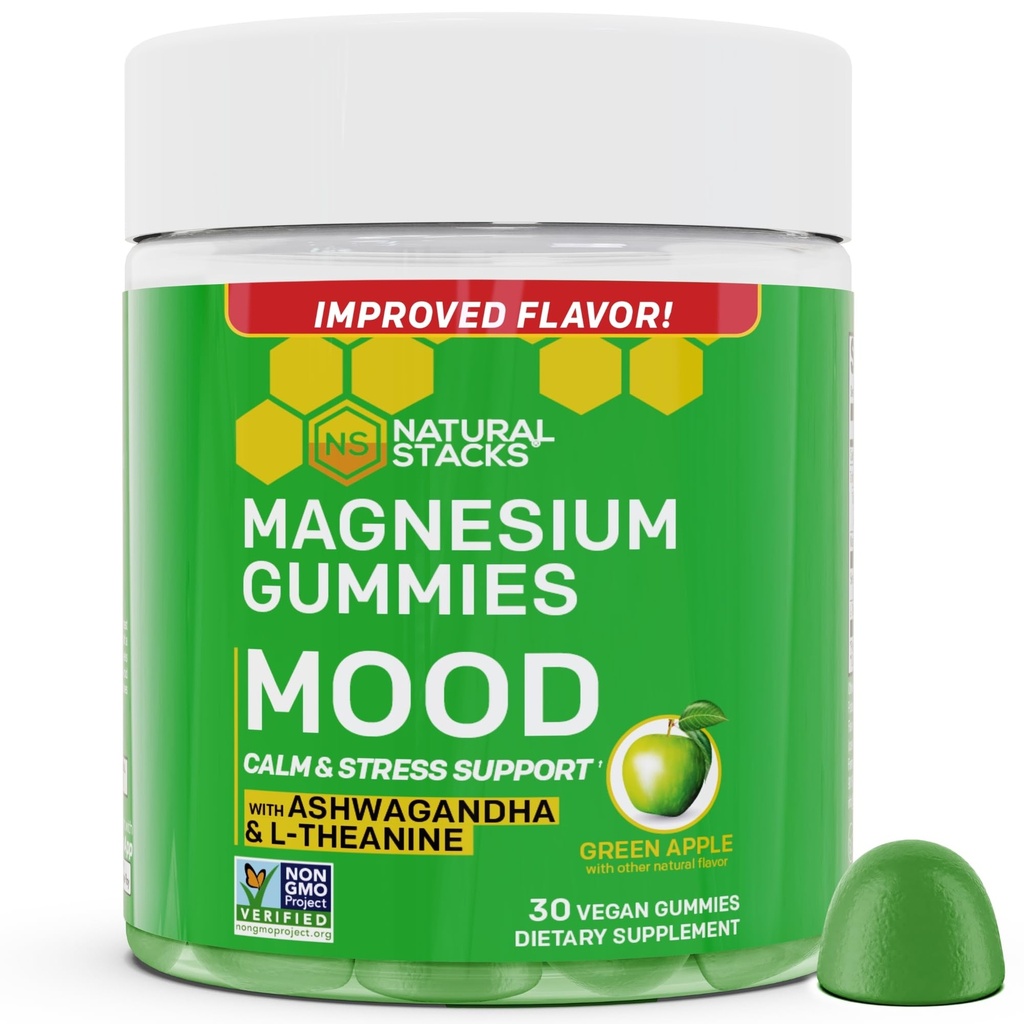 Mood Magnesium Gummies - 200mg Magnesium Citrate & 125mg Sensoril Ashwagandha Gummies - met L Theanine for Calm & Stress Support - Mag Citrate and Ashwagandha Supplement - 30 Green Apple Chewables