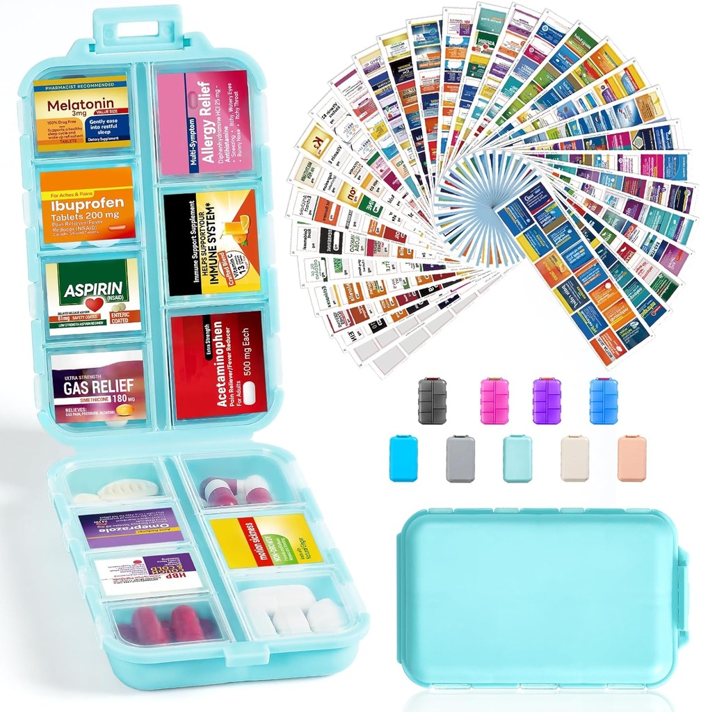 14 Grids Travel Pill Organizer Box met 415-Pcs Medicine Naam Labels - Pocket Daily Pharmacy Case Container Kit - Travel Medication Holder Dispenser voor Visolie Vitamine Supplement Opslag - Sky Blue
