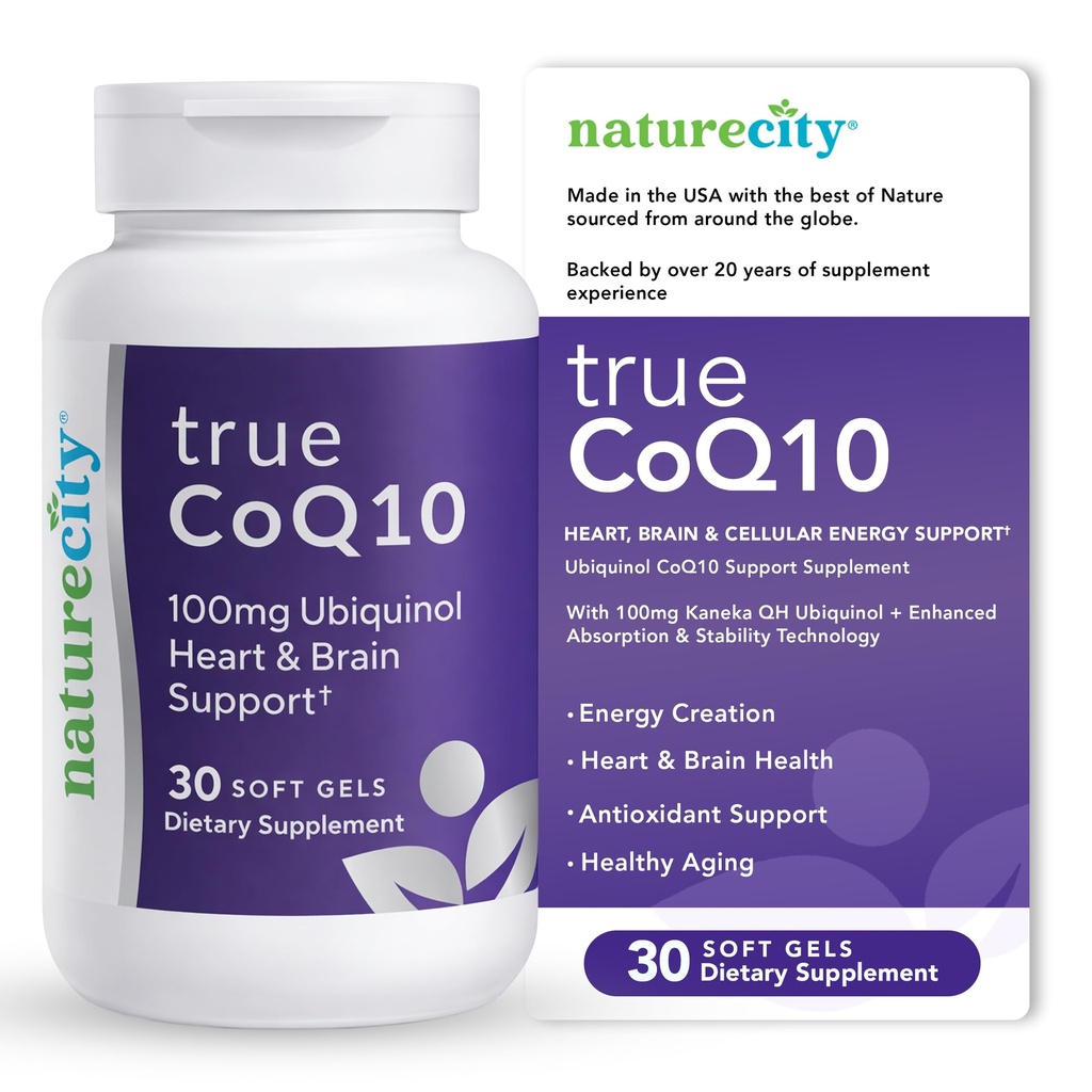 NatureCity True-CoQ10 Ubichinol 100mg Zeer absorberende en gestabiliseerde Kaneka QH CoQ10 Hart, hersenen en Cellular Energy Supplement - (30 Zachte Gels) Actieve CoQ10 als Ubichinol