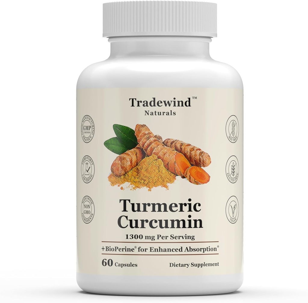 Kurkuma Curcumine 1300mg - Premium Kurkuma met 95% Curcuminoïden & BioPerine Black Pepper Extract - Enhanced Absorptie - Non-GMO - 60 Plantaardige Capsules - Made in The USA
