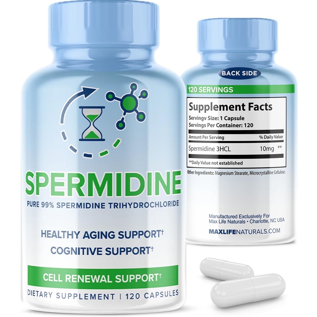 Pure Spermidine Supplement with Trihydrochloride 3HCL 10mg - 120 Capsules - Spermidine Supplements for Women for Brain, Vitality, Cell Repair Supplement for Men Supplements