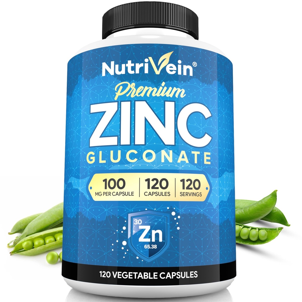Nutrivein Premium Zink Gluconaat 100mg - 120 Capsules: Hoge-sorptie Zink Gluconaat Supplementen voor Whole-Body Well-Being - Essentiële elementen voor Wellness