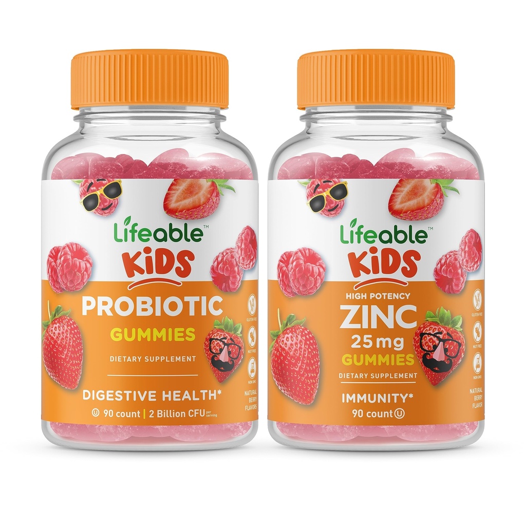Levensbaar Probiotic 2 Miljard CFU Kids + Zink 25mg Kids, Gummies Bundle - Grote Proeverij, Vitamine Supplement, Glutenvrij, GGO-vrij, Kauwgom