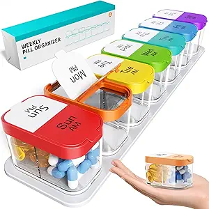Odaro Extra Large Weekly Pill Organizer, XL Pill Box 7 Day Am Pm, Jumbo Medicine Organizer 2 fois par jour pour tenir la médecine quotidienne vitamine et suppléments - Rainbow