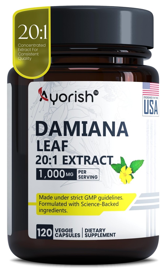 Damiana Capsules 1000mg 120 Count Damiana Leaf Extract 20:1 Herbal Supplement Plant Based Botanical Capsules Vegan Non GMO Dietary Supplement