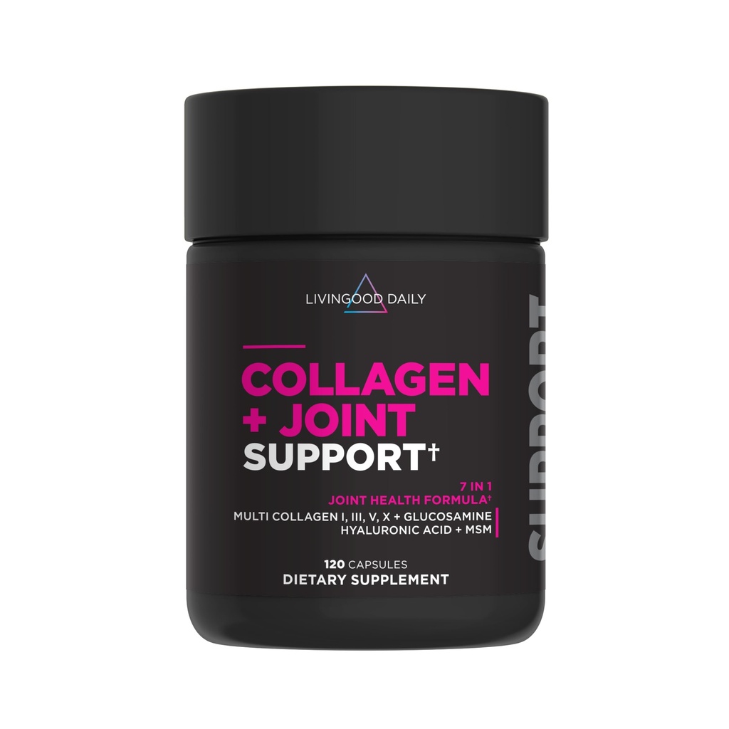 Livingood Daily Collageen + Joint Support, Grass Fed Multi Collageen Peptiden I III V X met Hyaluronzuur, Joint Support Supplement voor vrouwen en mannen, Hair Skin Nails, Keto & Gluten Free, 120 Capsules